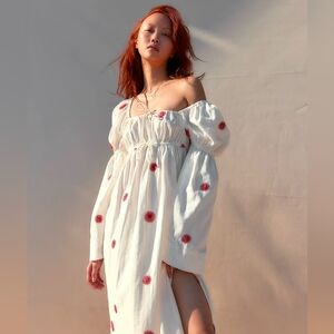 Free People Emory Embroidered Midi Cotton Linen Dress in White | Size XS